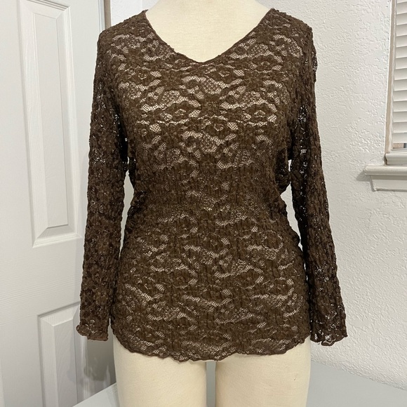 Fairy Core Top brown Sheer All over Lace Detail Size S/M Long Sleeve Y2K witchy - Picture 5 of 14